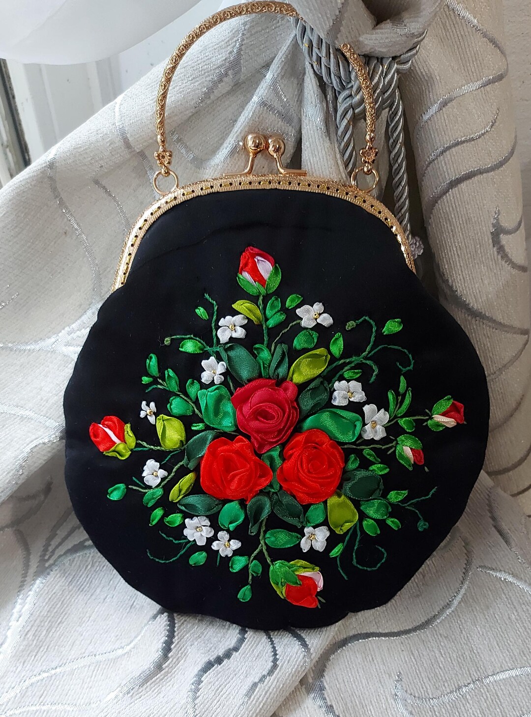 Red Rose on Black Tote Bag