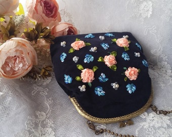 Handmade bag. Handbag dark blue with flowers.