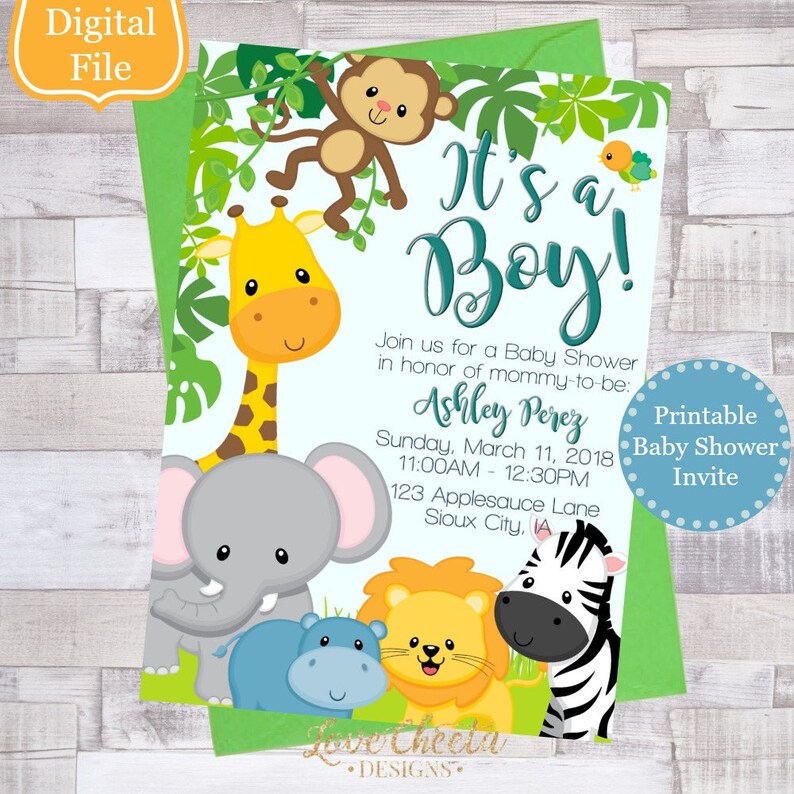 Safari Baby Shower Invitations Printable Boy Invite Jungle Animals Invitaciones Para Niño