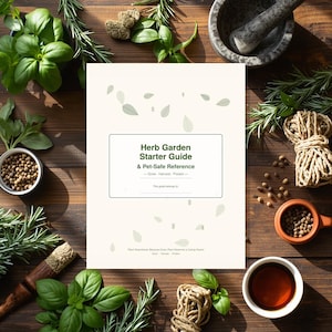 May include: A cream-colored "Herb Garden Starter Guide & Pet-Safe Reference" booklet lies on a wooden surface, surrounded by fresh herbs, spices, and gardening tools. The guide features a green rectangular title box and leaf illustrations. A mortar and pestle are visible.