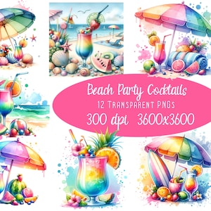 美しい水彩画のビーチカクテルの透明な PNG、昇華、カラフルなクリップアート、ビーチテーマ、傘、プール、フルーツ