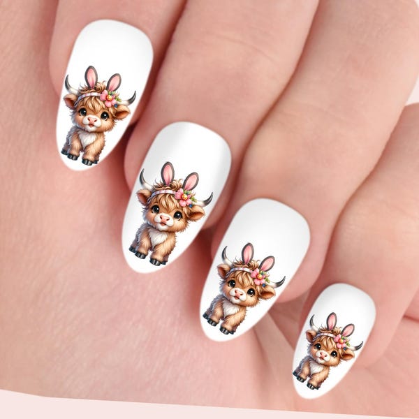 Easy Highland Cow Nail Waterslide Decals, DIY Spring Nail Art