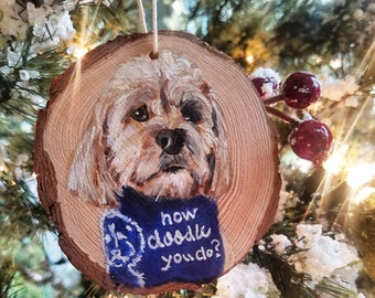Custom pet portrait on wood slice ornament
