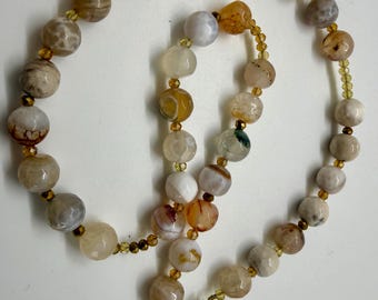 Faceted Gray Agate Necklace, Neutral Tones, Sparkling Glass Beads, Silver-Plated Clasp