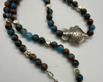Blue/copper impression jasper fish necklace