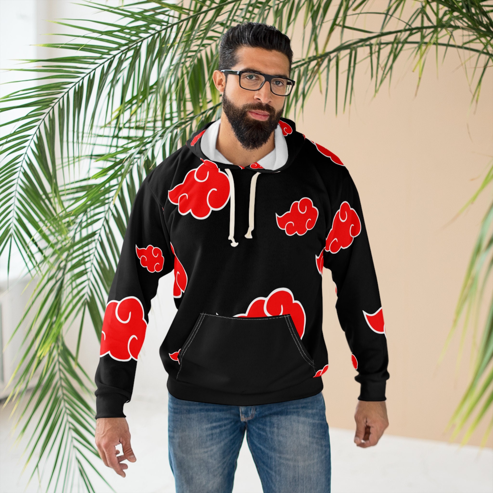 Sweat à Capuche Homme Naruto Akatsuki - Nuage Rouge, Signes Manga - Noir Taille L