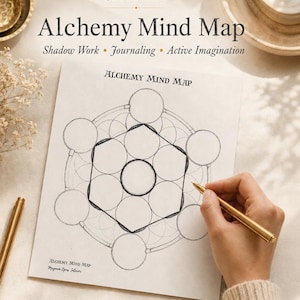 May include: A white paper sheet titled Alchemy Mind Map featuring a central hexagonal geometric diagram with interconnected circles for Shadow Work, Journaling, and Active Imagination. The text QuantumMeMoir appears at the top of the page.