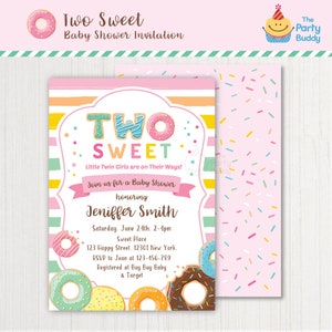 Convite gêmeo doce do chá de fraldas de duas meninas imprimível de <br> Entrega Rápida? Donut e doce granulado para bebê | Arquivo PDF digital de convite PERSONALIZADO