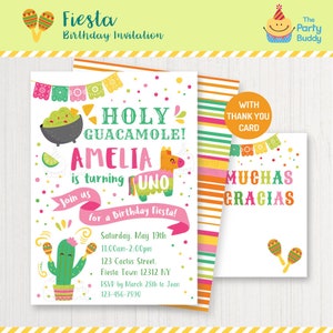 Heilige Guacamole Meisjes Verjaardag Fiesta Uitnodiging & Dank u Kaart | Cactus Avocado Piñata | Gepersonaliseerde uitnodiging DIGITAAL afdrukbaar PDF-bestand