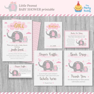 Little Peanut BABY SHOWER pacchetto stampabile / Invito personalizzato Biglietto di ringraziamento / È una bambina / Elefante grigio rosa / PDF digitale