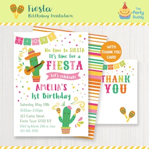Cactus Fiesta meisjes Birthday Party uitnodiging en Bedankkaart | Geen tijd om te siësta | Gepersonaliseerde uitnodigen digitale afdrukbare PDF-bestand