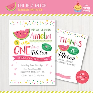 One in a Melon Watermelon Party Einladung | Mädchen 1. Geburtstag | Digitaldruckbare PDF | Sommer Obst Süße Party | Personalisierte Einladung