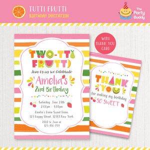 Invitación imprimible para el segundo cumpleaños de TWOtti Frutti / Dulce celebración para niñas / Invitación PERSONALIZADA / Tarjeta de agradecimiento con frutas / PDF digital