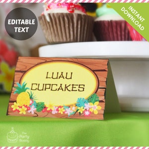 Tropische Hawaiiaanse Luau voedseltentkaart | Bewerkbare tekst | Ananas Hibiscus | Buffetlabel Placecard | Digitale afdrukbare PDF direct downloaden