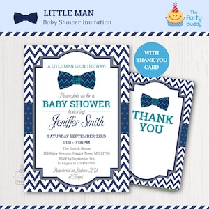 Kleine man op de weg baby shower uitnodiging | Strikje jongens | Blauwe Chevron | GEPERSONALISEERDE uitnodigen | Digitale afdrukbare PDF | Bedankkaart