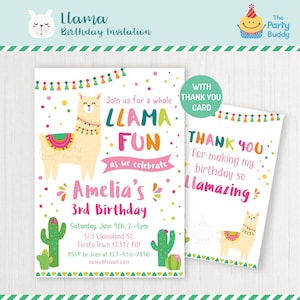Lama Birthday Party uitnodiging | Meisjes Alpaca cactus verjaardag Fiesta | Bedankkaart | Gepersonaliseerde uitnodigen digitale afdrukbare PDF-bestand
