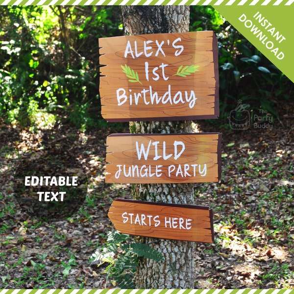 Jungle Party Sign EDITABLE Text | Wood Like Pattern Signage DIY Digital Printable PDF | Instant Download | Zoo Animal Wild Safari Birthday