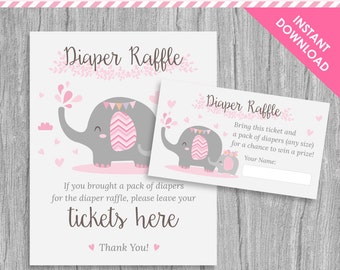 Diaper Raffle Ticket Card & Poster Sign | Little Peanut Baby Shower | Pink Gray Elephant | INSTANT DOWNLOAD | Digital Printable DIY