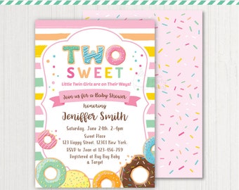 Two Sweet Twin Girls Baby Shower Invitation Printable | Donut and Sweet Baby Sprinkle | PERSONALIZED Invite Digital PDF File