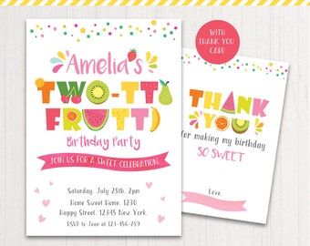 TWO-tti Frutti Party Invitation Printable | Girls 2nd Birthday | Thank You Card | Sweet Celebration | PERSONALIZED Invite Digital PDF