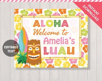 Aloha Luau Tiki Welcome Sign | 10x8 Poster Signage | Tropical Hawaiian Party | Digital Printable PDF File | INSTANT DOWNLOAD Editable Text