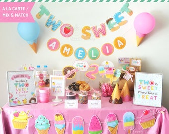 TWO Sweet Ice Cream Sundae Donut Party | Mix Match A la Carte | DIGITAL File Decor DIY Printable Kit | Girls 2nd Birthday | Personalized pdf