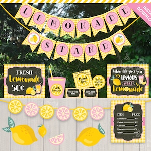 Pink Lemonade Stand Printable Kit | Sunshine Party Decor | INSTANT Download DIGITAL PDF Files | Yellow Lemon | Sign Poster Label Tag Banner