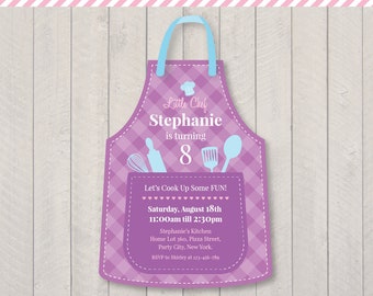 Cooking Party Birthday Invitation | Girls Little Chef Party | Apron Shaped | Purple Color | DIY Digital Printable PDF | Personalized Invite