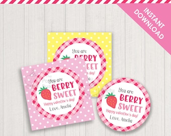 Berry Sweet Valentine Tag Printable | Kids Valentines Day Favor Treat Label | Digital PDF File INSTANT Download | Name Editable Yourself