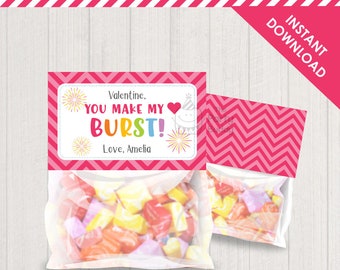 Valentine You Make My Heart Burst Bag Topper Printable | Kids Classroom Sweet Treat | Digital PDF Instant Download | Name Editable Yourself