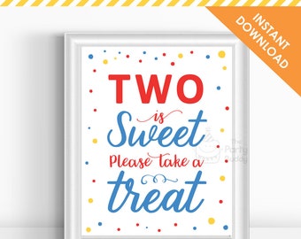 Boys TWO is Sweet Please Take a Treat 8x10 4x6 Party Sign | Boy Turning 2 | Red Blue Sprinkle Confetti | Digital File PDF Instant Download