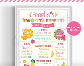 Twotti Frutti Girls 2nd Birthday Milestone Board DIGITAL Printable | Tutti Frutti Fruity Sweet Poster | PERSONALIZED Pdf Jpeg File