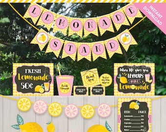 Pink Lemonade Stand Printable Kit | Sunshine Party Decor | INSTANT Download DIGITAL PDF Files | Yellow Lemon | Sign Poster Label Tag Banner