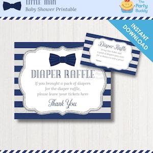 Little Man Diaper Tombola Ticket Card & Poster Sign | Gris Marine Argent | Nœud papillon baby shower garçon | TÉLÉCHARGEMENT INSTANTANÉ | PDF Numérique Imprimable