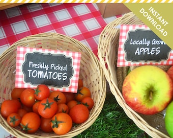 Farmers Market Food Tent Card EDITABLE Text | Farm Party Buffet Label Placecard | Red Pink Gingham | Digital Printable PDF Instant Download
