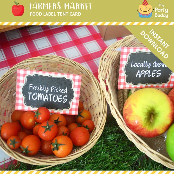 Farmers Market Food Tent Card EDITABLE Text | Farm Party Buffet Label Placecard | Red Pink Gingham | Digital Printable PDF Instant Download