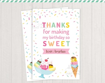 Sweet Birthday Thank You Note | Girls Ice Cream Sundae Party | PERSONALIZED Thank You Card 5x7 4x6 | Digital Printable PDF File