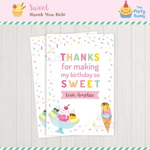 Doux anniversaire Merci Note | Girls Ice Cream Sundae Party | Carte de remerciement PERSONNALISÉE 5x7 4x6 | Fichier PDF imprimable numérique
