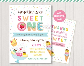 Sweet ONE Ice Cream Party Invitation | Girls 1st Birthday | Thank You Card | Personalized Invite Digital Printable PDF