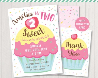 TWO 2 Sweet Cupcake Invitation Printable | Girls 2nd Birthday Party | Thank You Card | Too Too Sweet | PERSONALIZED Invite Digital PDF