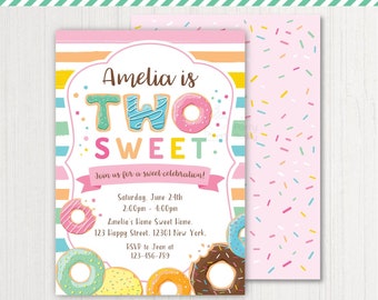 Two Sweet Girls 2nd Birthday Invitation Printable | Donut Sprinkle Party Sweet Celebration | PERSONALIZED Invite Digital PDF File