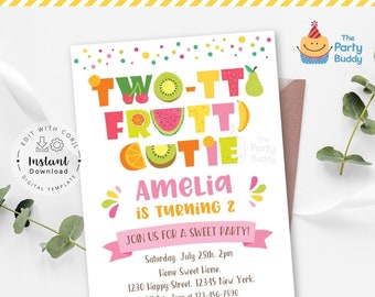 Editable Two-tti Frutti Cutie Party Invitation | Girls 2nd Birthday | Fruity Sweet Celebration | Digital File Template Edit Instant Download