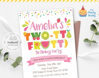 Editable TWO-tti Frutti Party Invitation | Girls 2nd Birthday | Fruity Sweet Celebration | Digital File Template Edit Instant Download
