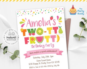 May include: A colorful invitation for a two-year-old's birthday party. The invitation features a fruit theme with the words "Amelia's Two-T-Fruity Birthday Party". The invitation is decorated with colorful confetti and fruit illustrations.