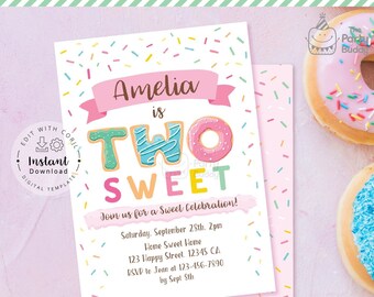 Editable TWO Sweet Invitation | Girls 2nd Birthday | Donut Cupcake Sweet Celebration | Digital File Corjl Template Edit Instant Download