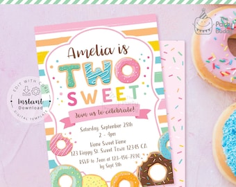 Editable TWO Sweet Invitation | Girls 2nd Birthday | Sweet Celebration Donut Party | Digital File Corjl Template Edit Instant Download
