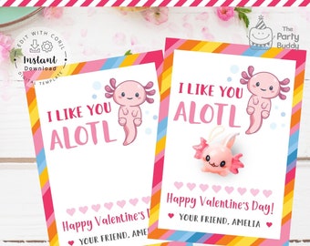 Kids Classroom Valentine Axolotl Printable Tags | Valentines Ajolote Favor Label Card | INSTANT Download DIGITAL File Corjl Template