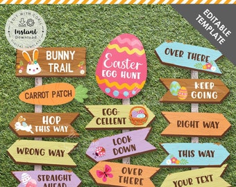 Editable Easter Egg Hunt Directional Signs Printable | Easter Bunny Decoration Signage | Digital File Corjl Template INSTANT Download