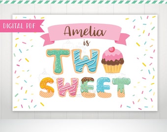 TWO Sweet Girl 2nd Birthday Backdrop PDF Digital Printable | Ice Cream Bar Candy Buffet Dessert Table Banner Poster | PERSONALIZED File
