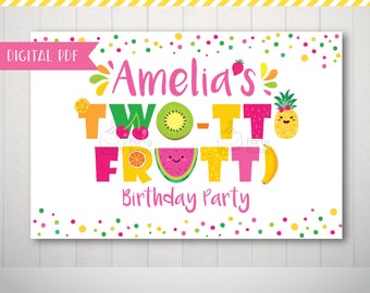 May include: A digital printable birthday party backdrop with a pink, yellow, and green fruit theme. The backdrop features the text "Amelia's Two-Tto Frutti Birthday Party" with colorful fruit illustrations.